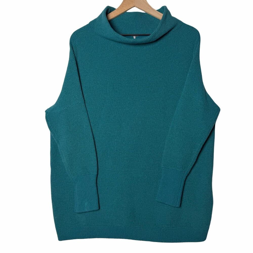 Free People Teal Blue Ottoman Slouchy Tunic Cowl Neck Ribbed Sweater Size S